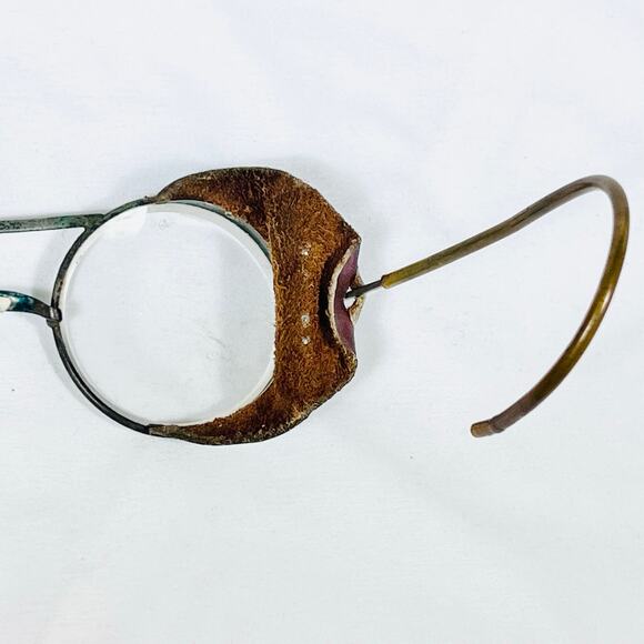 Antique Vintage Motorcycle Glasses W/ Side Leather Metal Wire Frame Round Lens - Picture 6 of 16